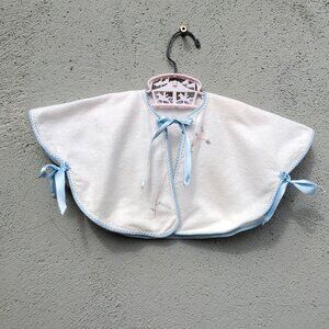 Vintage Baby Cape White Flannel with Blue Ribbon Trim Hand Embroidery